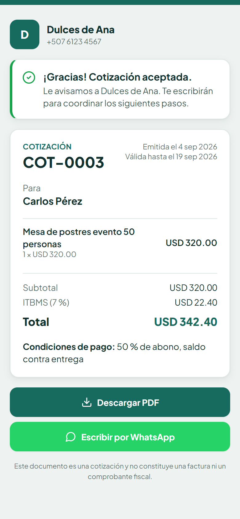 Página pública con la cotización aceptada