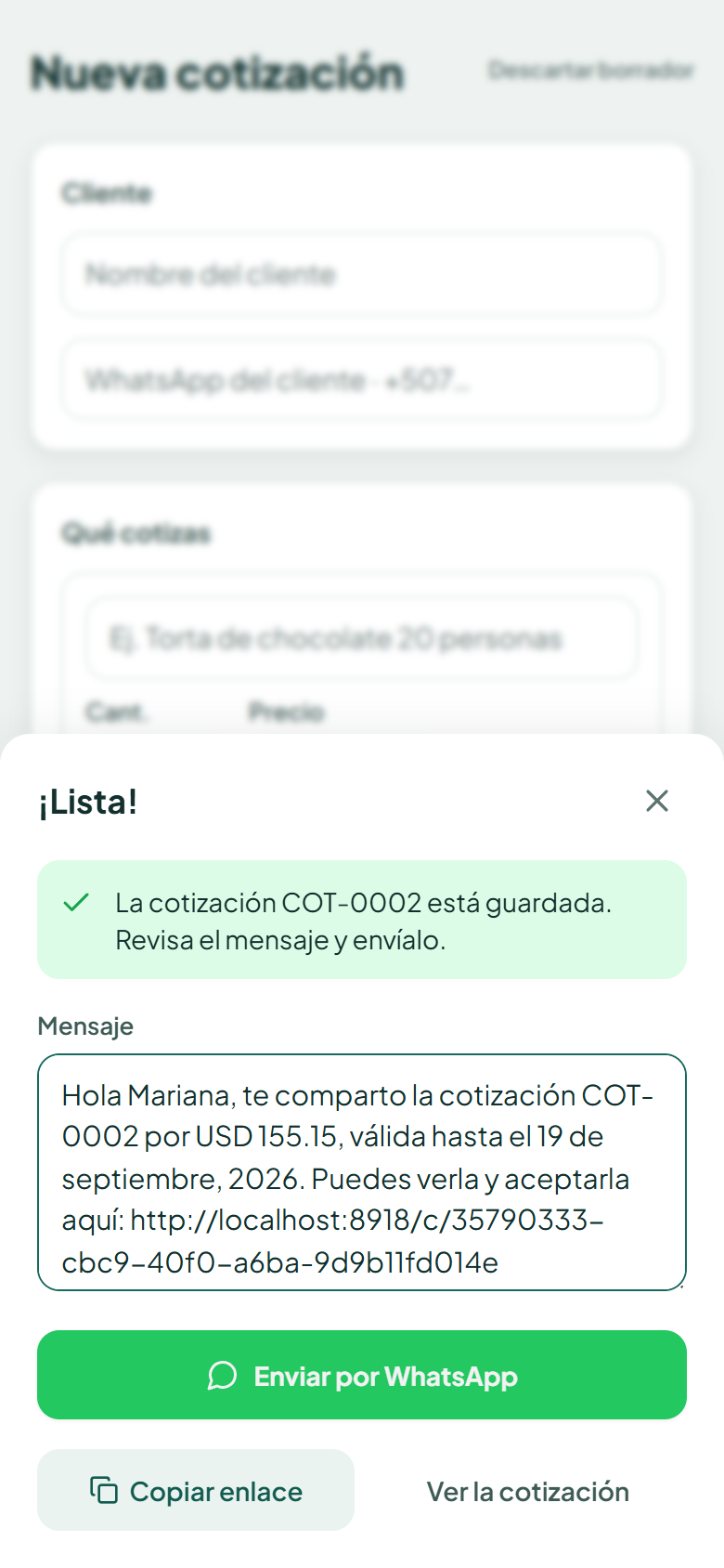 Hoja con el mensaje de WhatsApp listo para enviar