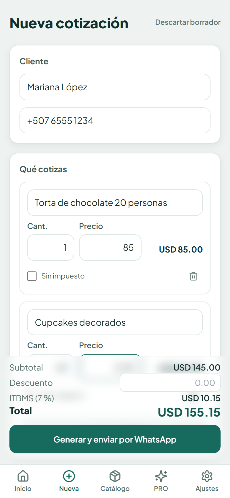 Pantalla de nueva cotización con dos líneas y total calculado
